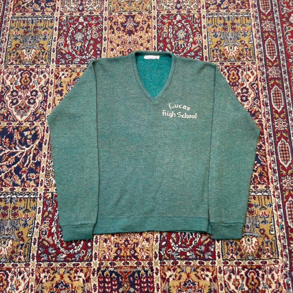 VTG 50s Lucas High School Flecked Rayon Sweatshirt Old English Teal Green M USA